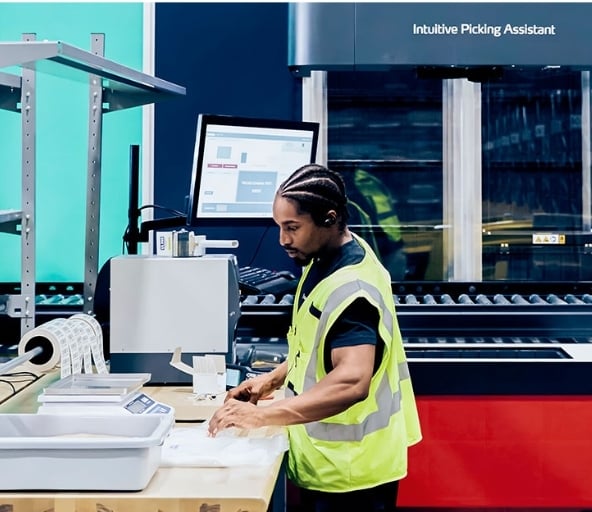 Warehouse operator preparing orders for shipment beside AutoStore system